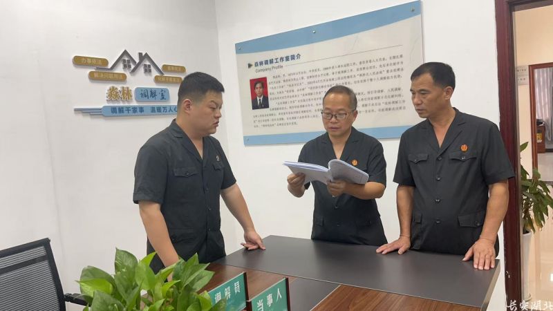 巴河法庭庭长夏小存(中)和法庭干警讨论案情.jpg